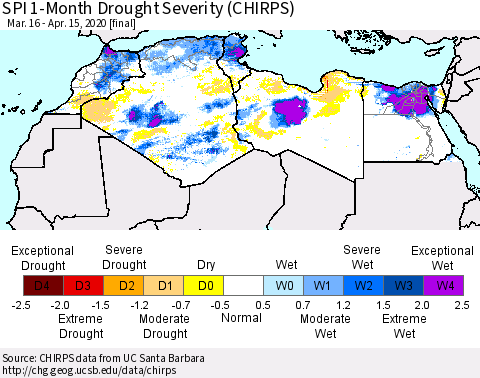 North Africa SPI 1-Month Drought Severity (CHIRPS) Thematic Map For 3/16/2020 - 4/15/2020