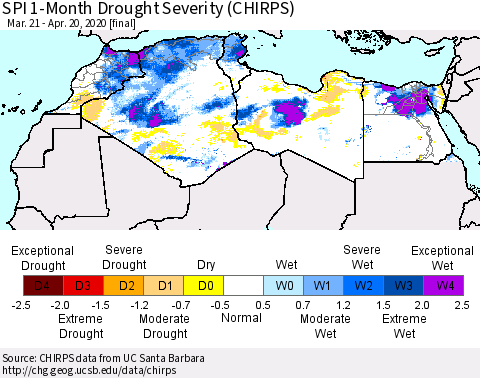 North Africa SPI 1-Month Drought Severity (CHIRPS) Thematic Map For 3/21/2020 - 4/20/2020