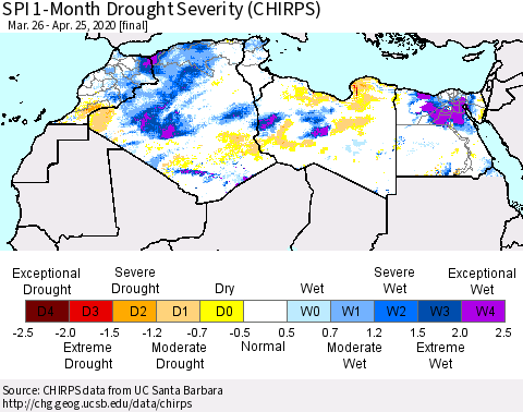 North Africa SPI 1-Month Drought Severity (CHIRPS) Thematic Map For 3/26/2020 - 4/25/2020