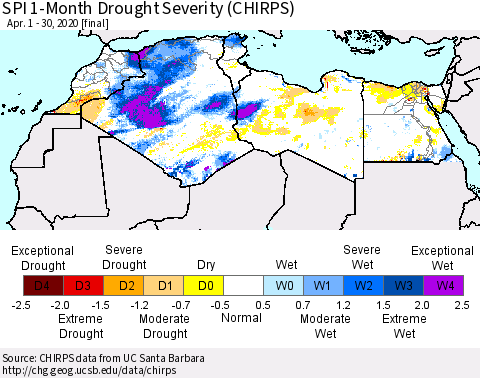 North Africa SPI 1-Month Drought Severity (CHIRPS) Thematic Map For 4/1/2020 - 4/30/2020