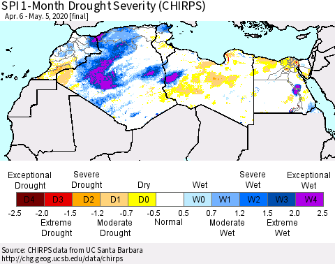 North Africa SPI 1-Month Drought Severity (CHIRPS) Thematic Map For 4/6/2020 - 5/5/2020