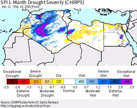 North Africa SPI 1-Month Drought Severity (CHIRPS) Thematic Map For 4/11/2020 - 5/10/2020