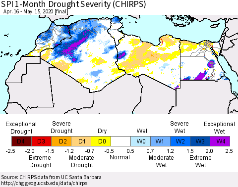 North Africa SPI 1-Month Drought Severity (CHIRPS) Thematic Map For 4/16/2020 - 5/15/2020