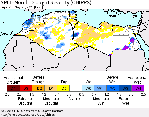 North Africa SPI 1-Month Drought Severity (CHIRPS) Thematic Map For 4/21/2020 - 5/20/2020