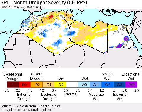 North Africa SPI 1-Month Drought Severity (CHIRPS) Thematic Map For 4/26/2020 - 5/25/2020