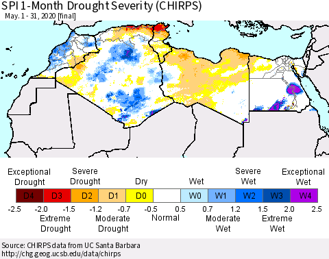 North Africa SPI 1-Month Drought Severity (CHIRPS) Thematic Map For 5/1/2020 - 5/31/2020