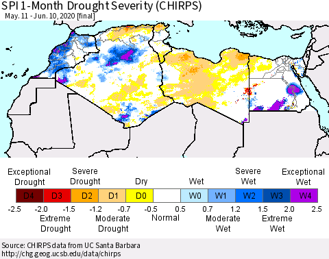 North Africa SPI 1-Month Drought Severity (CHIRPS) Thematic Map For 5/11/2020 - 6/10/2020