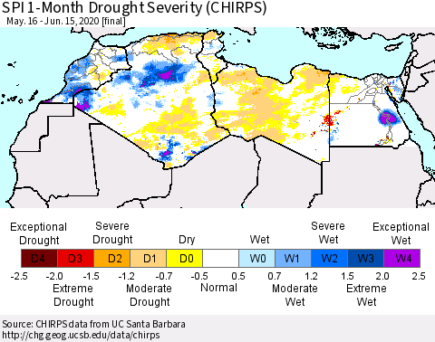 North Africa SPI 1-Month Drought Severity (CHIRPS) Thematic Map For 5/16/2020 - 6/15/2020