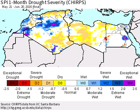 North Africa SPI 1-Month Drought Severity (CHIRPS) Thematic Map For 5/21/2020 - 6/20/2020