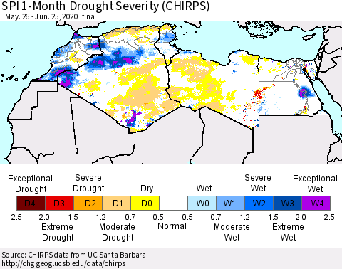 North Africa SPI 1-Month Drought Severity (CHIRPS) Thematic Map For 5/26/2020 - 6/25/2020