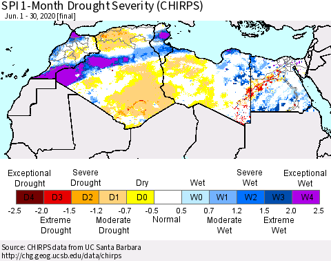 North Africa SPI 1-Month Drought Severity (CHIRPS) Thematic Map For 6/1/2020 - 6/30/2020