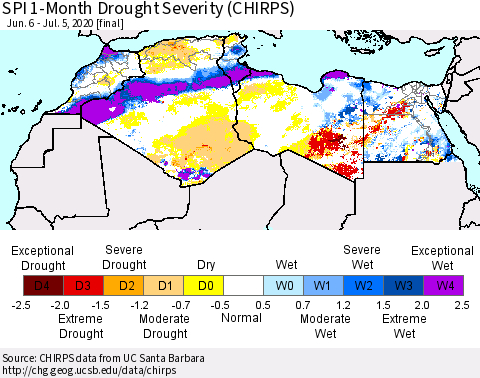 North Africa SPI 1-Month Drought Severity (CHIRPS) Thematic Map For 6/6/2020 - 7/5/2020