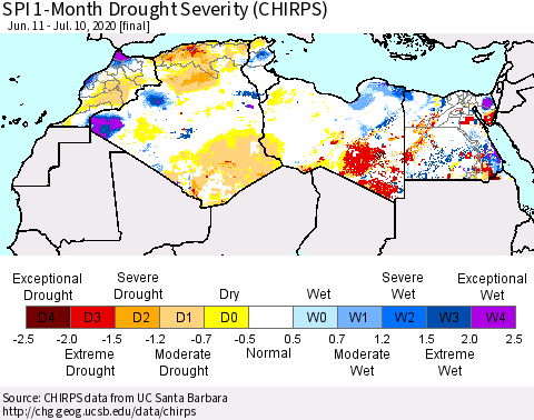 North Africa SPI 1-Month Drought Severity (CHIRPS) Thematic Map For 6/11/2020 - 7/10/2020