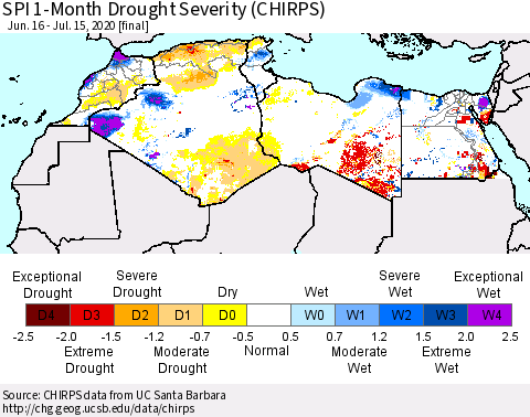 North Africa SPI 1-Month Drought Severity (CHIRPS) Thematic Map For 6/16/2020 - 7/15/2020