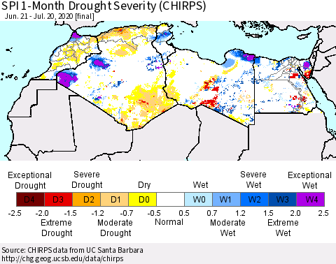 North Africa SPI 1-Month Drought Severity (CHIRPS) Thematic Map For 6/21/2020 - 7/20/2020
