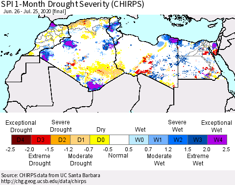 North Africa SPI 1-Month Drought Severity (CHIRPS) Thematic Map For 6/26/2020 - 7/25/2020