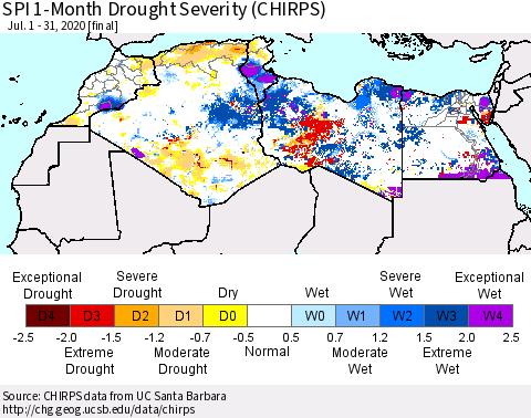 North Africa SPI 1-Month Drought Severity (CHIRPS) Thematic Map For 7/1/2020 - 7/31/2020
