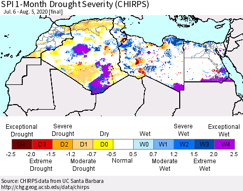 North Africa SPI 1-Month Drought Severity (CHIRPS) Thematic Map For 7/6/2020 - 8/5/2020