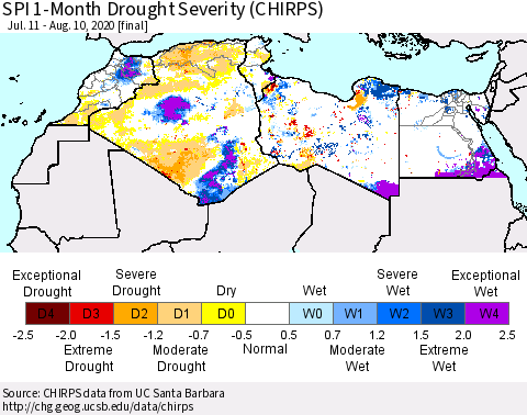 North Africa SPI 1-Month Drought Severity (CHIRPS) Thematic Map For 7/11/2020 - 8/10/2020