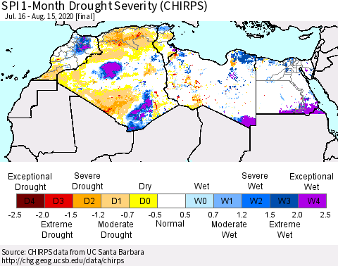 North Africa SPI 1-Month Drought Severity (CHIRPS) Thematic Map For 7/16/2020 - 8/15/2020