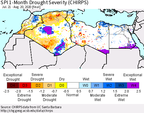 North Africa SPI 1-Month Drought Severity (CHIRPS) Thematic Map For 7/21/2020 - 8/20/2020
