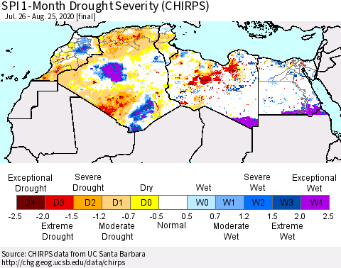 North Africa SPI 1-Month Drought Severity (CHIRPS) Thematic Map For 7/26/2020 - 8/25/2020