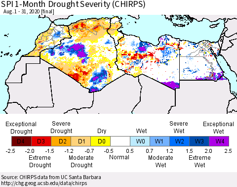 North Africa SPI 1-Month Drought Severity (CHIRPS) Thematic Map For 8/1/2020 - 8/31/2020