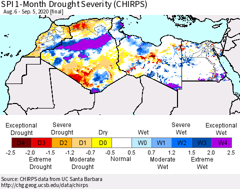 North Africa SPI 1-Month Drought Severity (CHIRPS) Thematic Map For 8/6/2020 - 9/5/2020