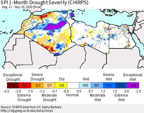North Africa SPI 1-Month Drought Severity (CHIRPS) Thematic Map For 8/11/2020 - 9/10/2020