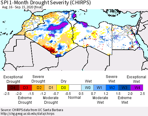 North Africa SPI 1-Month Drought Severity (CHIRPS) Thematic Map For 8/16/2020 - 9/15/2020