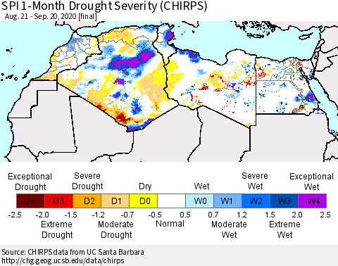 North Africa SPI 1-Month Drought Severity (CHIRPS) Thematic Map For 8/21/2020 - 9/20/2020