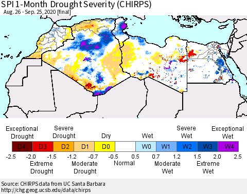 North Africa SPI 1-Month Drought Severity (CHIRPS) Thematic Map For 8/26/2020 - 9/25/2020