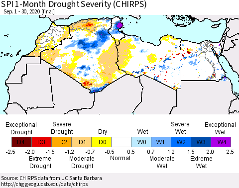 North Africa SPI 1-Month Drought Severity (CHIRPS) Thematic Map For 9/1/2020 - 9/30/2020