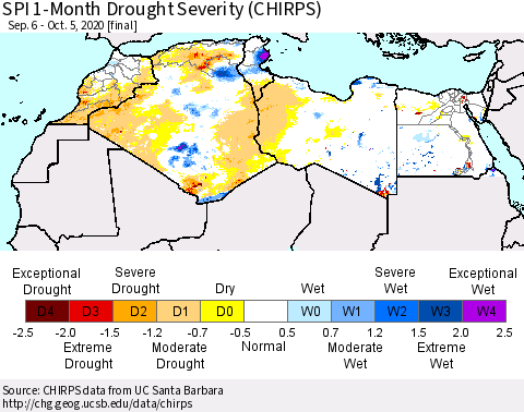 North Africa SPI 1-Month Drought Severity (CHIRPS) Thematic Map For 9/6/2020 - 10/5/2020