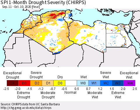 North Africa SPI 1-Month Drought Severity (CHIRPS) Thematic Map For 9/11/2020 - 10/10/2020