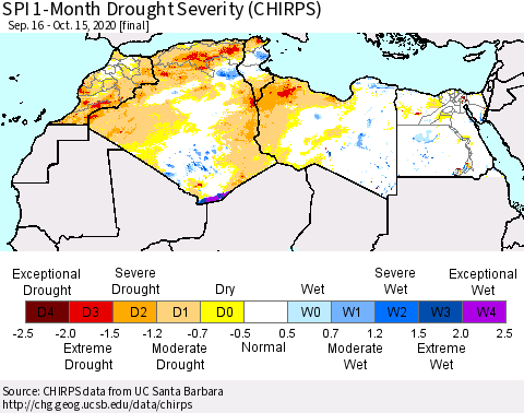 North Africa SPI 1-Month Drought Severity (CHIRPS) Thematic Map For 9/16/2020 - 10/15/2020