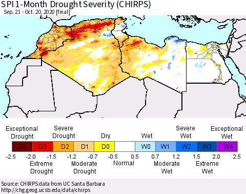 North Africa SPI 1-Month Drought Severity (CHIRPS) Thematic Map For 9/21/2020 - 10/20/2020