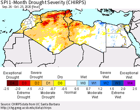 North Africa SPI 1-Month Drought Severity (CHIRPS) Thematic Map For 9/26/2020 - 10/25/2020