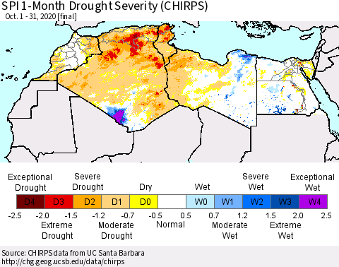 North Africa SPI 1-Month Drought Severity (CHIRPS) Thematic Map For 10/1/2020 - 10/31/2020