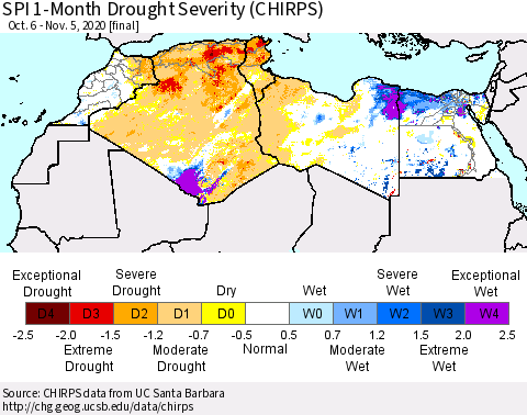 North Africa SPI 1-Month Drought Severity (CHIRPS) Thematic Map For 10/6/2020 - 11/5/2020