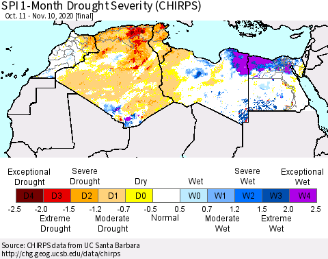 North Africa SPI 1-Month Drought Severity (CHIRPS) Thematic Map For 10/11/2020 - 11/10/2020
