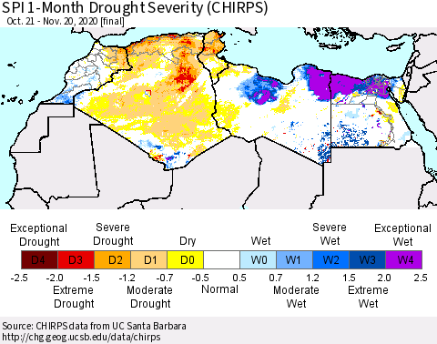 North Africa SPI 1-Month Drought Severity (CHIRPS) Thematic Map For 10/21/2020 - 11/20/2020