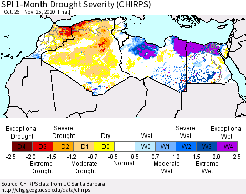 North Africa SPI 1-Month Drought Severity (CHIRPS) Thematic Map For 10/26/2020 - 11/25/2020