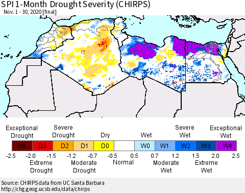 North Africa SPI 1-Month Drought Severity (CHIRPS) Thematic Map For 11/1/2020 - 11/30/2020