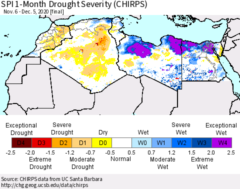 North Africa SPI 1-Month Drought Severity (CHIRPS) Thematic Map For 11/6/2020 - 12/5/2020
