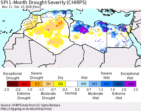North Africa SPI 1-Month Drought Severity (CHIRPS) Thematic Map For 11/11/2020 - 12/10/2020