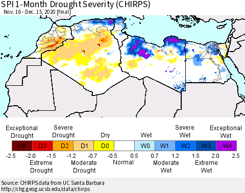 North Africa SPI 1-Month Drought Severity (CHIRPS) Thematic Map For 11/16/2020 - 12/15/2020