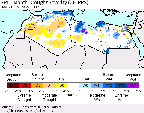 North Africa SPI 1-Month Drought Severity (CHIRPS) Thematic Map For 11/21/2020 - 12/20/2020