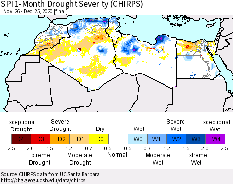 North Africa SPI 1-Month Drought Severity (CHIRPS) Thematic Map For 11/26/2020 - 12/25/2020