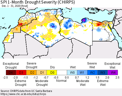 North Africa SPI 1-Month Drought Severity (CHIRPS) Thematic Map For 12/1/2020 - 12/31/2020